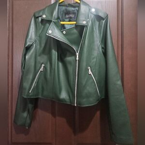 Eloquii Green Faux Leather Jacket with Silver Zippers